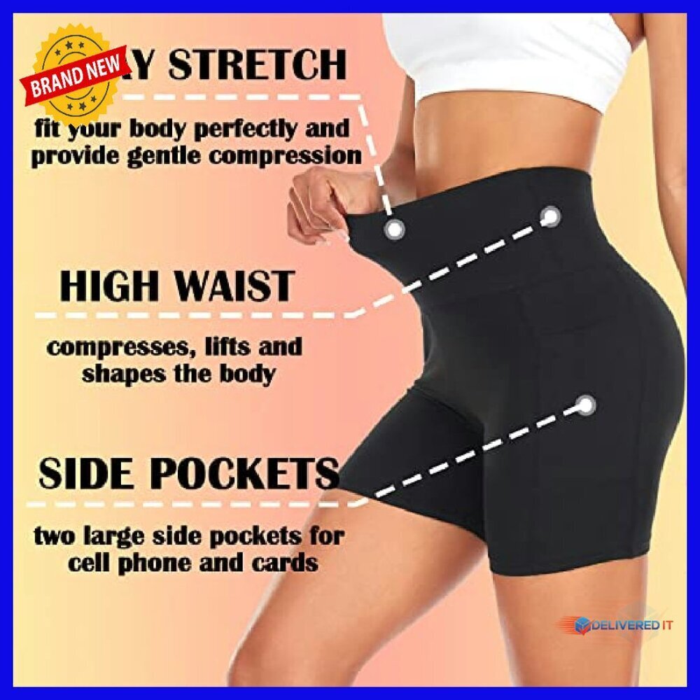 5" High Waist Tummy Control Biker Shorts with Pockets for Workouts - Picture 6 of 8